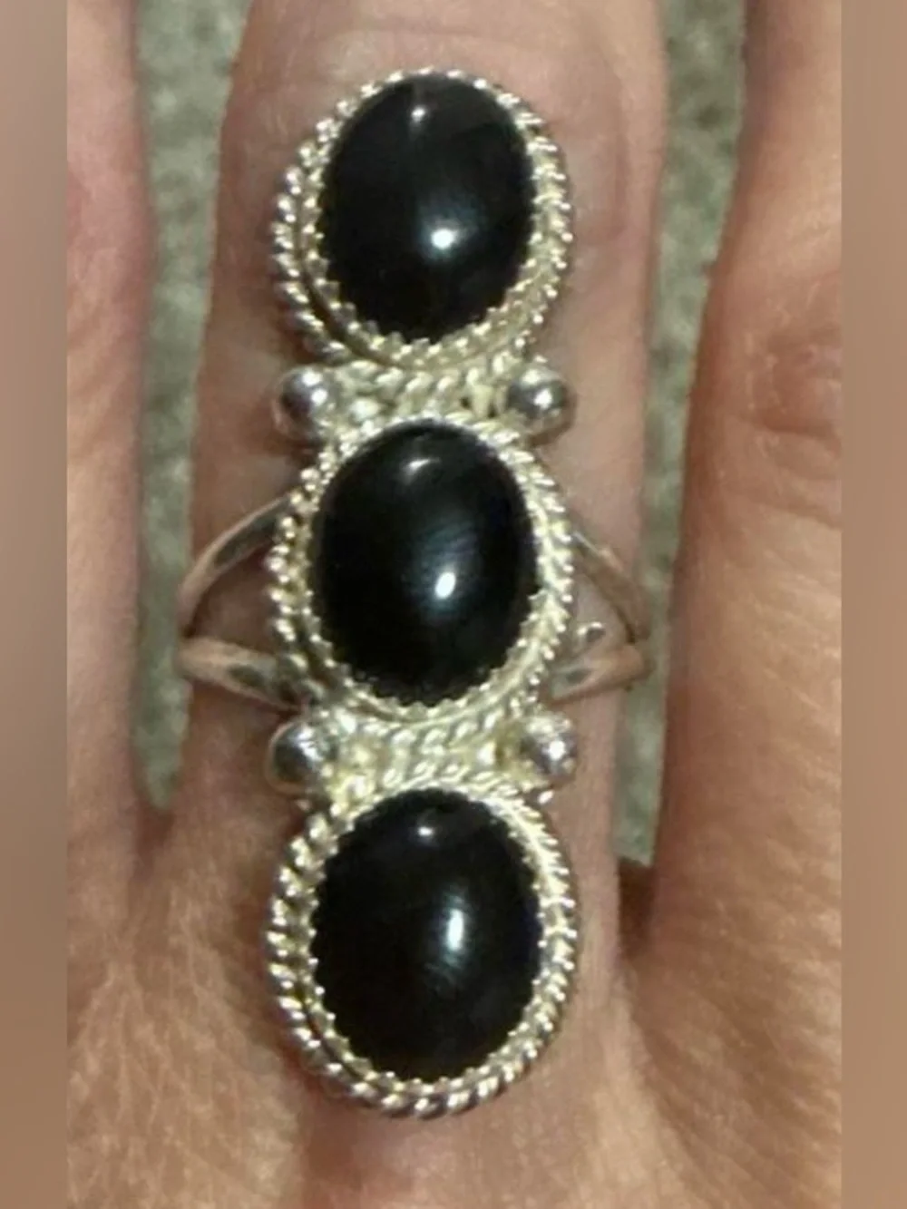 Native Sterling Silver Triple Black Onyx Statement Ring